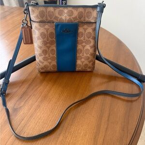 Coach Brown Signature Crossbody with Blue Trim